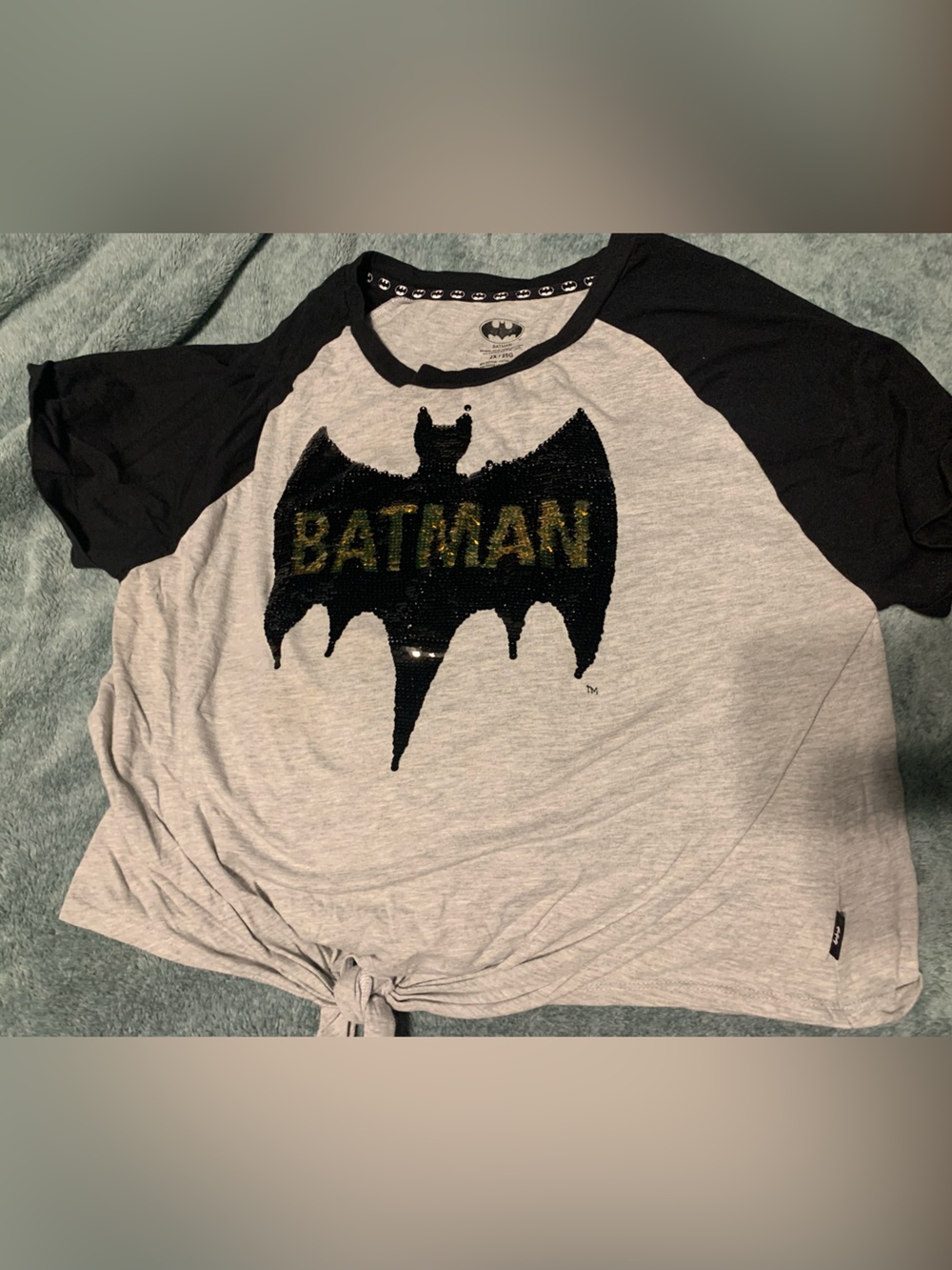 Batman Grey & Black Sequin Logo Raglan Tee